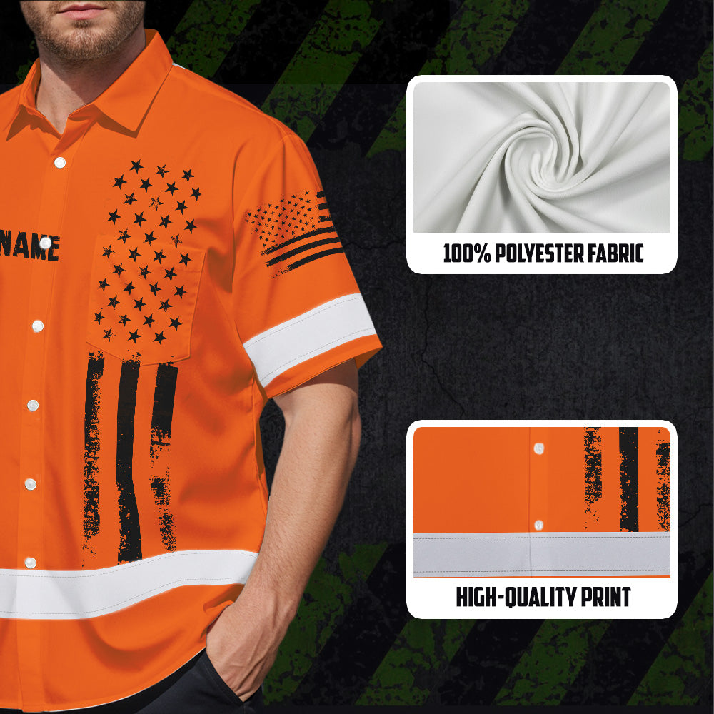 Hi Vis Hawaiian Shirt Reflective Orange And Black American Flag Custom Name Safety Workwear For Workers, Truckers, Operators