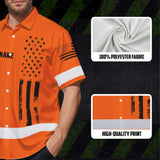 Hi Vis Hawaiian Shirt Reflective Orange And Black American Flag Custom Name Safety Workwear For Workers, Truckers, Operators