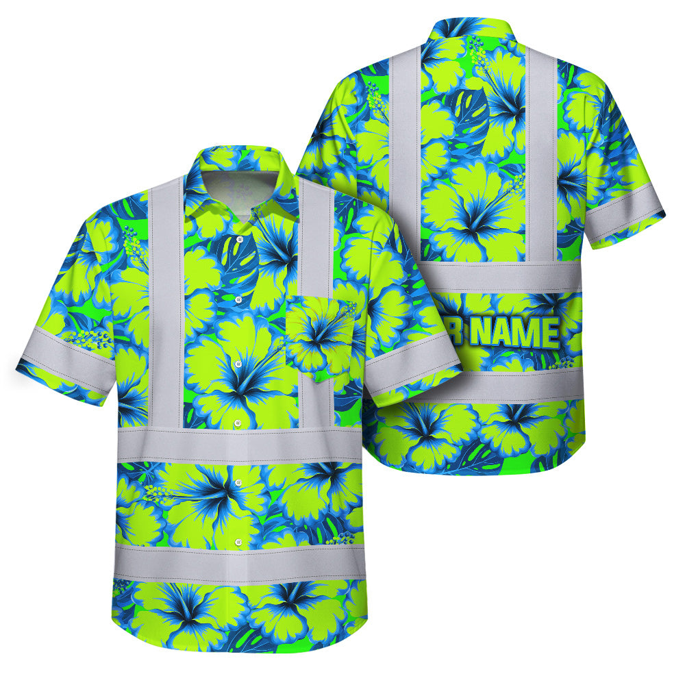 Hi Vis Hawaiian Shirt Reflective Tapes Blue Neon And Green Flowers Custom Name Safety Workwear For Workers, Truckers, Operators