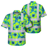 Hi Vis Hawaiian Shirt Reflective Tapes Blue Neon And Green Flowers Custom Name Safety Workwear For Workers, Truckers, Operators