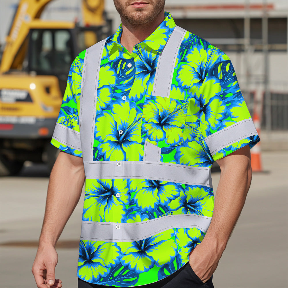 Hi Vis Hawaiian Shirt Reflective Tapes Blue Neon And Green Flowers Custom Name Safety Workwear For Workers, Truckers, Operators