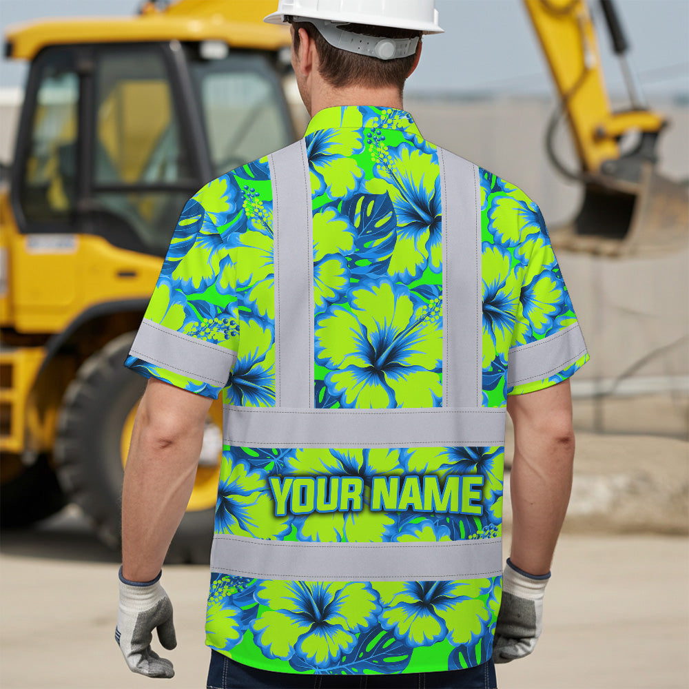 Hi Vis Hawaiian Shirt Reflective Tapes Blue Neon And Green Flowers Custom Name Safety Workwear For Workers, Truckers, Operators