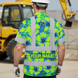 Hi Vis Hawaiian Shirt Reflective Tapes Blue Neon And Green Flowers Custom Name Safety Workwear For Workers, Truckers, Operators