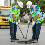 Hi Vis Hawaiian Shirt Reflective Tapes Blue Neon And Green Flowers Custom Name Safety Workwear For Workers, Truckers, Operators