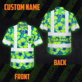 Hi Vis Hawaiian Shirt Reflective Tapes Blue Neon And Green Flowers Custom Name Safety Workwear For Workers, Truckers, Operators