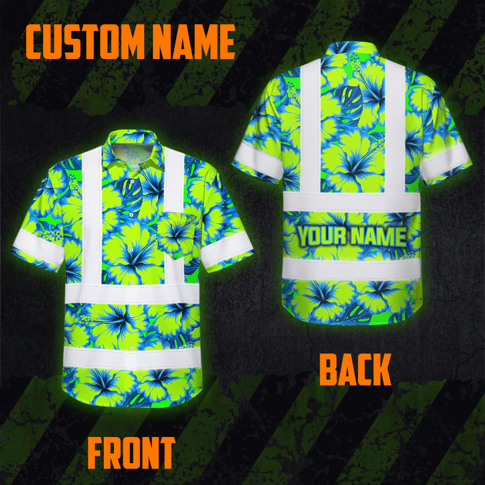 Hi Vis Hawaiian Shirt Reflective Tapes Blue Neon And Green Flowers Custom Name Safety Workwear For Workers, Truckers, Operators