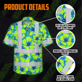 Hi Vis Hawaiian Shirt Reflective Tapes Blue Neon And Green Flowers Custom Name Safety Workwear For Workers, Truckers, Operators