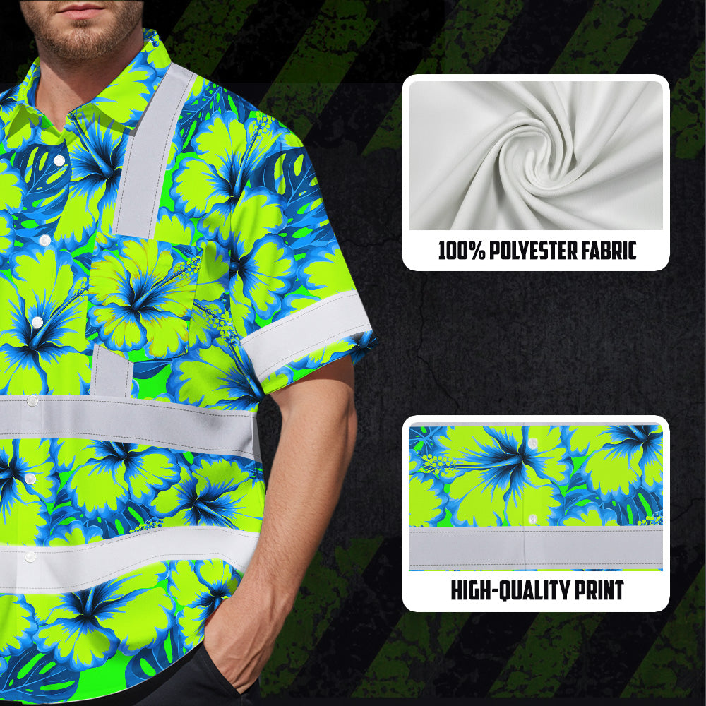 Hi Vis Hawaiian Shirt Reflective Tapes Blue Neon And Green Flowers Custom Name Safety Workwear For Workers, Truckers, Operators