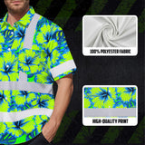 Hi Vis Hawaiian Shirt Reflective Tapes Blue Neon And Green Flowers Custom Name Safety Workwear For Workers, Truckers, Operators