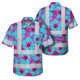 Hi Vis Hawaiian Shirt Reflective Tapes Blue Neon And Pink Flowers Custom Name Safety Workwear For Workers, Truckers, Operators