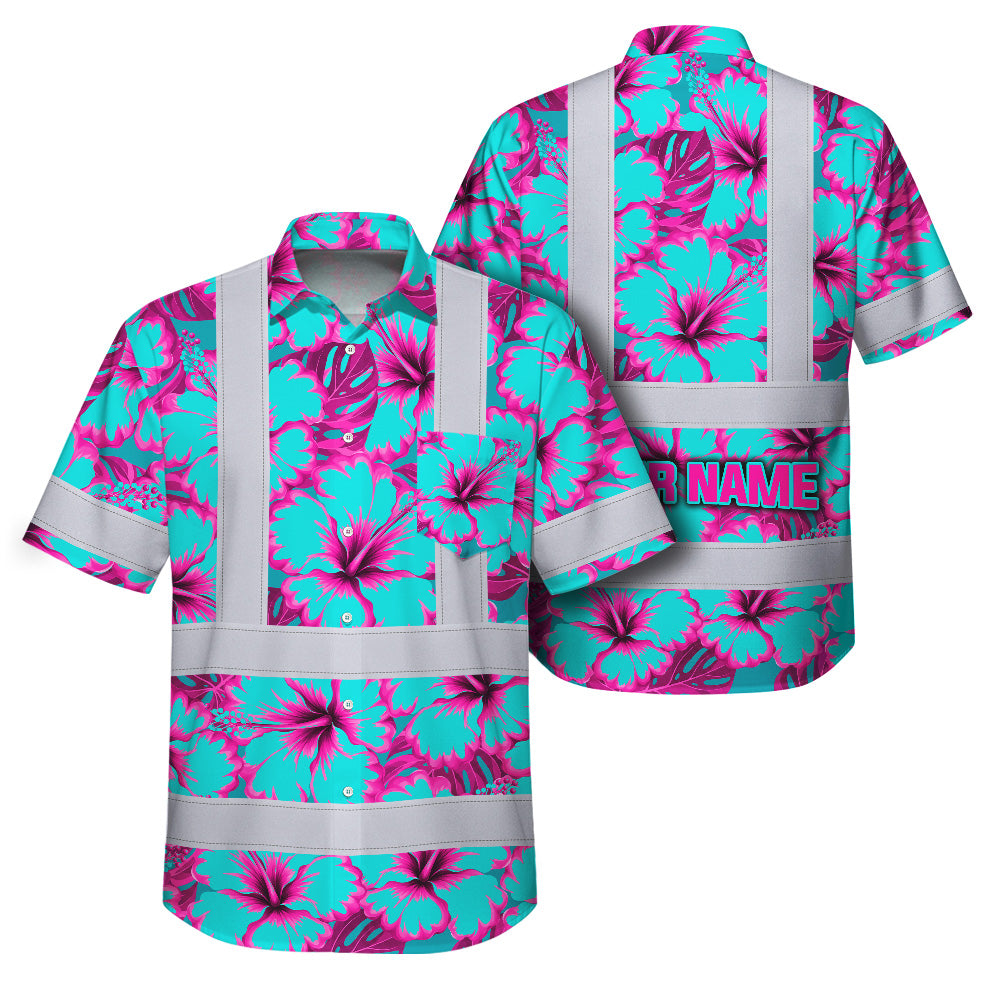 Hi Vis Hawaiian Shirt Reflective Tapes Blue Neon And Pink Flowers Custom Name Safety Workwear For Workers, Truckers, Operators