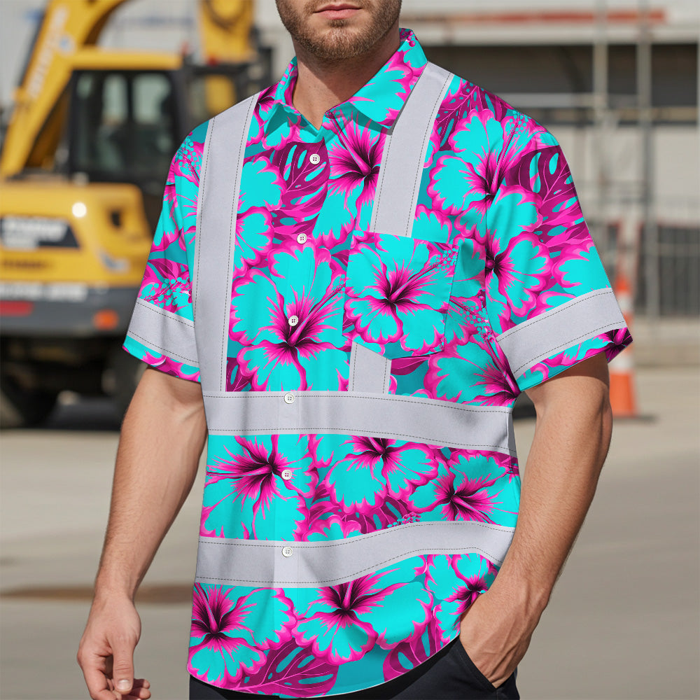 Hi Vis Hawaiian Shirt Reflective Tapes Blue Neon And Pink Flowers Custom Name Safety Workwear For Workers, Truckers, Operators