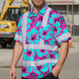 Hi Vis Hawaiian Shirt Reflective Tapes Blue Neon And Pink Flowers Custom Name Safety Workwear For Workers, Truckers, Operators