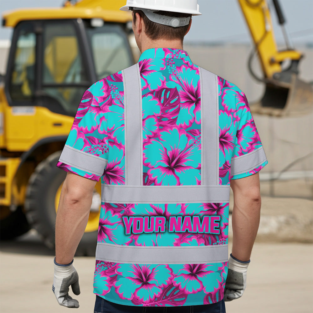 Hi Vis Hawaiian Shirt Reflective Tapes Blue Neon And Pink Flowers Custom Name Safety Workwear For Workers, Truckers, Operators