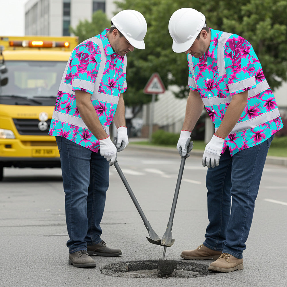 Hi Vis Hawaiian Shirt Reflective Tapes Blue Neon And Pink Flowers Custom Name Safety Workwear For Workers, Truckers, Operators