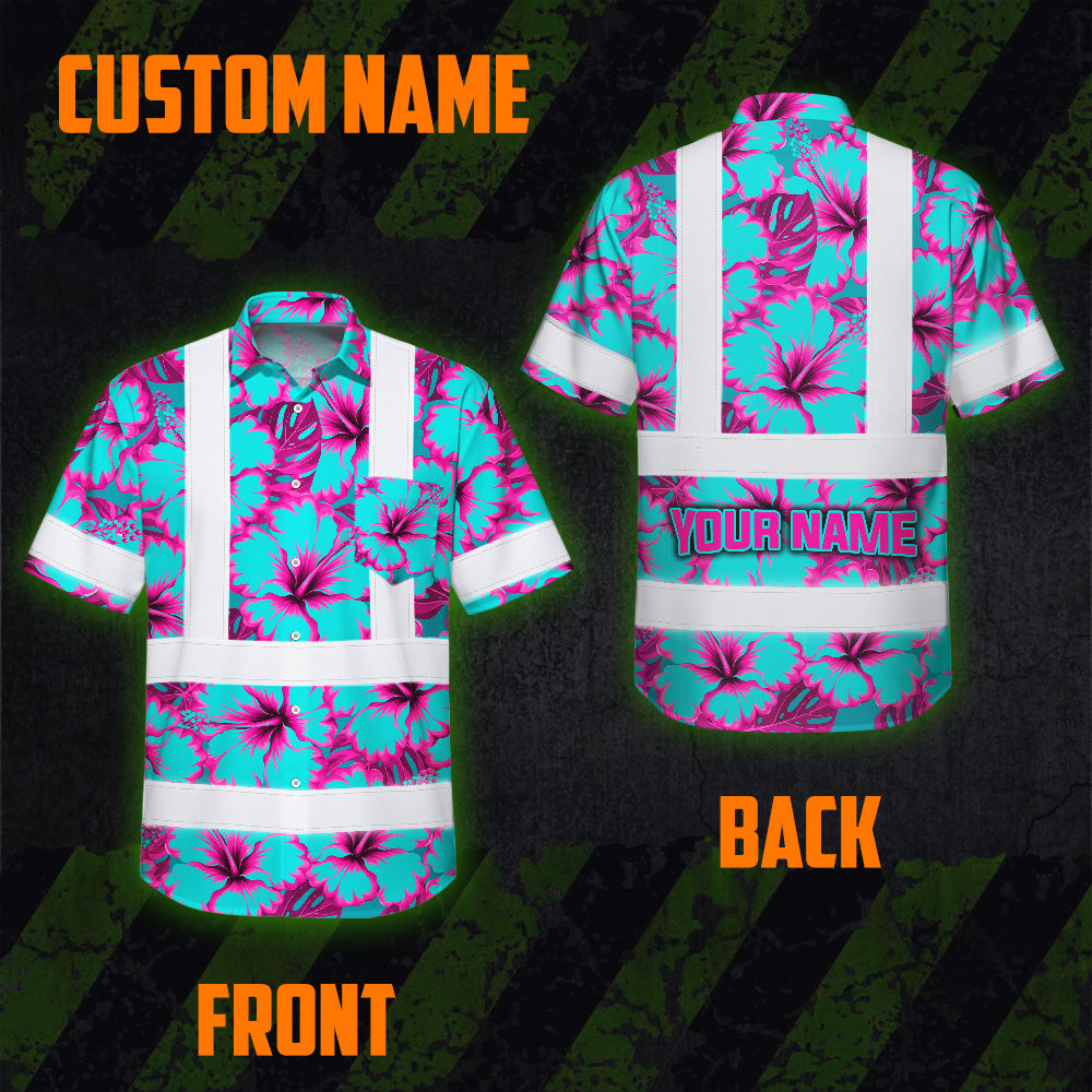 Hi Vis Hawaiian Shirt Reflective Tapes Blue Neon And Pink Flowers Custom Name Safety Workwear For Workers, Truckers, Operators