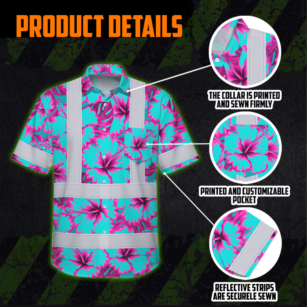 Hi Vis Hawaiian Shirt Reflective Tapes Blue Neon And Pink Flowers Custom Name Safety Workwear For Workers, Truckers, Operators