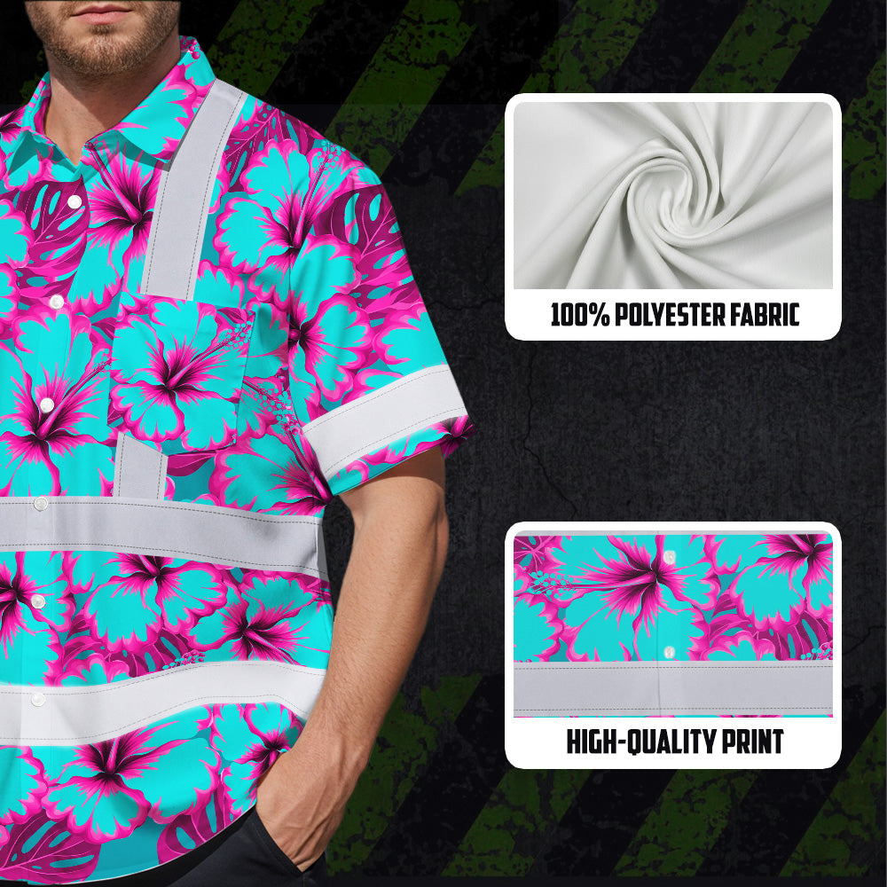 Hi Vis Hawaiian Shirt Reflective Tapes Blue Neon And Pink Flowers Custom Name Safety Workwear For Workers, Truckers, Operators