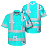 Hi Vis Hawaiian Shirt Reflective Tapes Blue Neon Custom Name Safety Workwear For Workers, Truckers, Operators