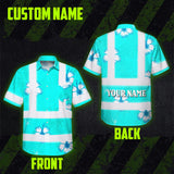 Hi Vis Hawaiian Shirt Reflective Tapes Blue Neon Custom Name Safety Workwear For Workers, Truckers, Operators