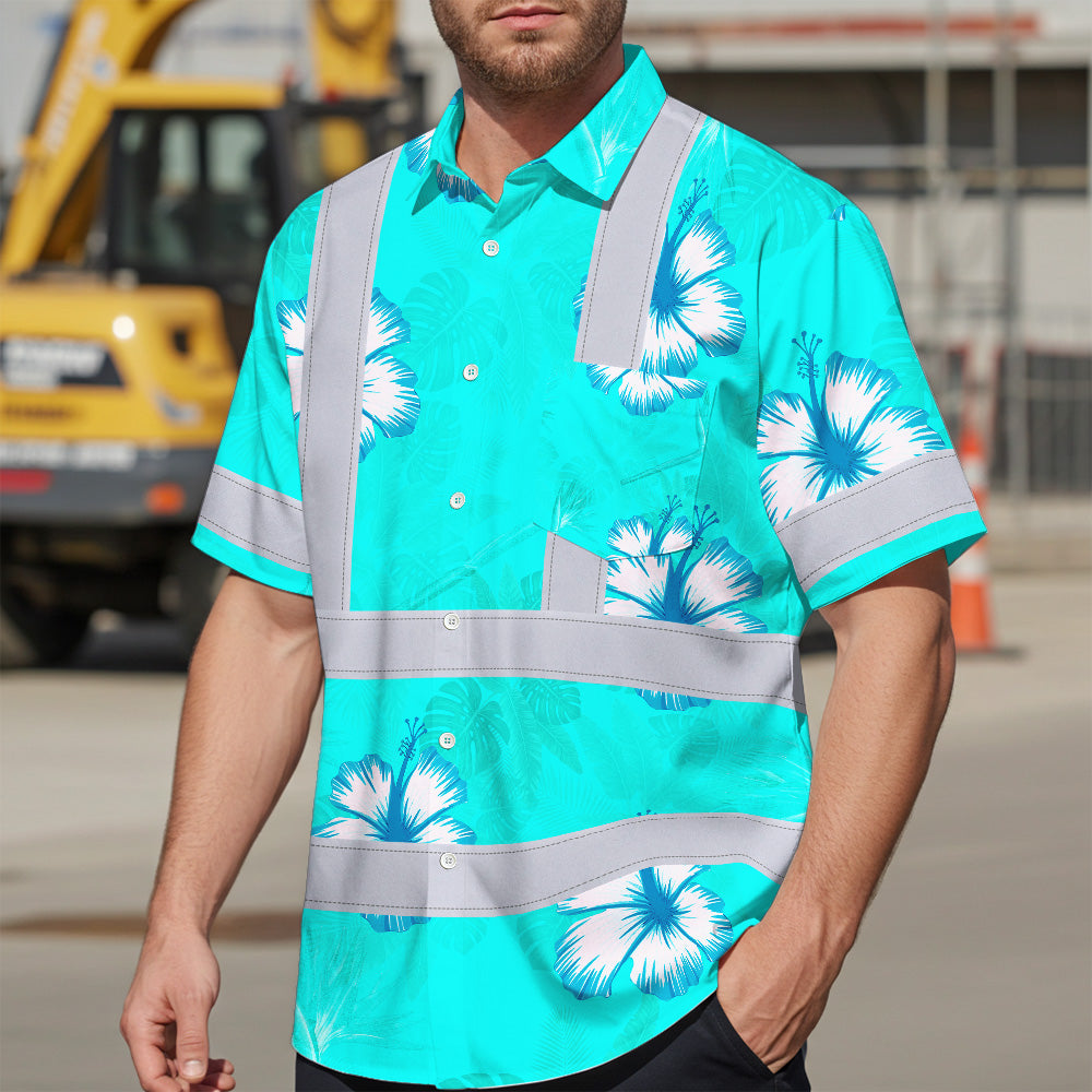 Hi Vis Hawaiian Shirt Reflective Tapes Blue Neon Custom Name Safety Workwear For Workers, Truckers, Operators