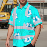 Hi Vis Hawaiian Shirt Reflective Tapes Blue Neon Custom Name Safety Workwear For Workers, Truckers, Operators