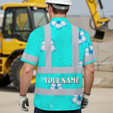 Hi Vis Hawaiian Shirt Reflective Tapes Blue Neon Custom Name Safety Workwear For Workers, Truckers, Operators