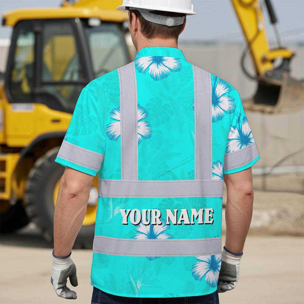 Hi Vis Hawaiian Shirt Reflective Tapes Blue Neon Custom Name Safety Workwear For Workers, Truckers, Operators