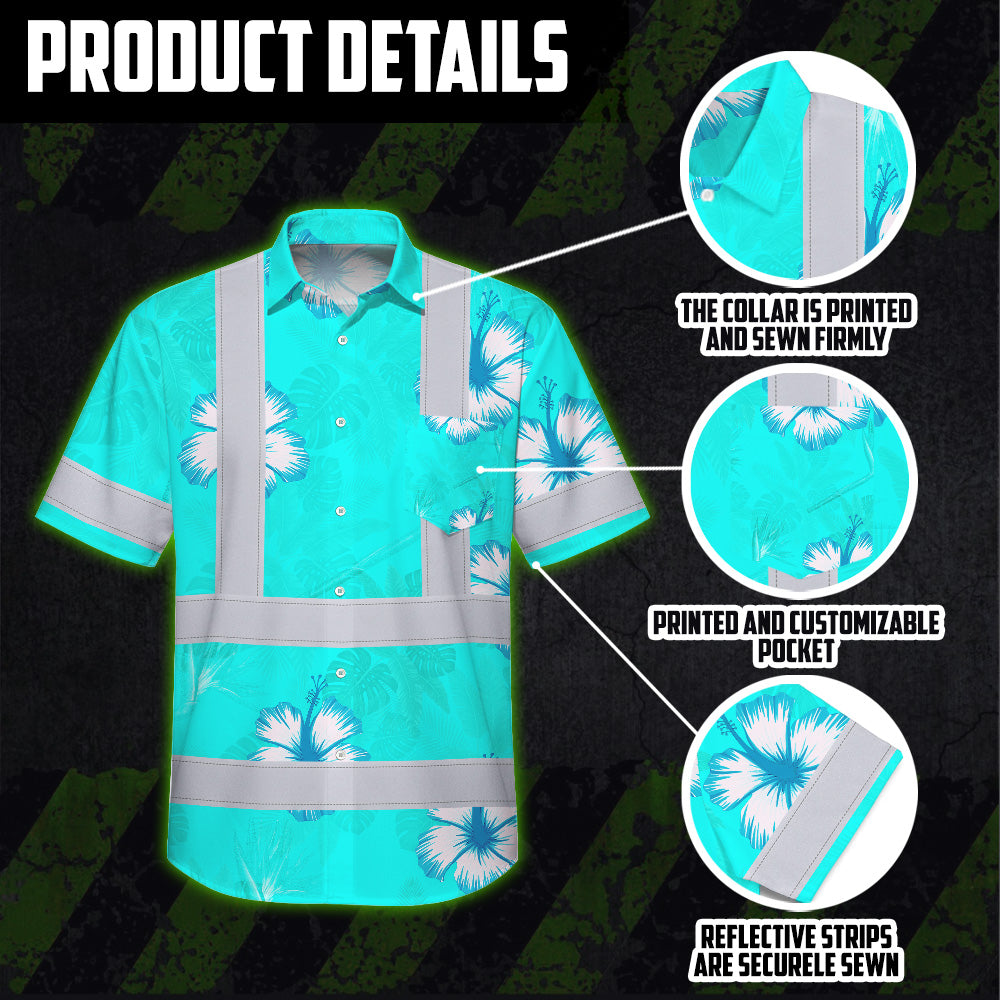 Hi Vis Hawaiian Shirt Reflective Tapes Blue Neon Custom Name Safety Workwear For Workers, Truckers, Operators