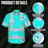 Hi Vis Hawaiian Shirt Reflective Tapes Blue Neon Custom Name Safety Workwear For Workers, Truckers, Operators
