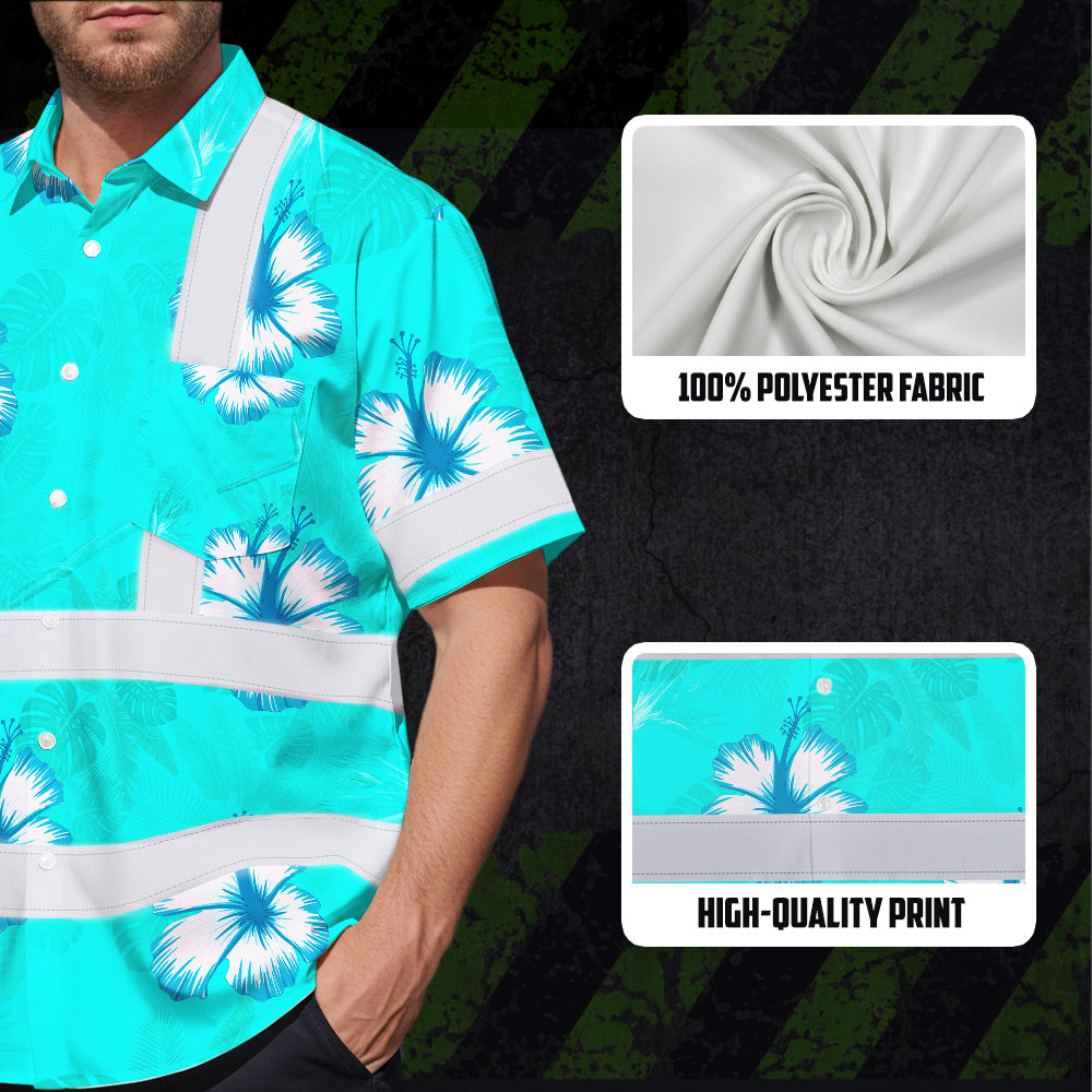 Hi Vis Hawaiian Shirt Reflective Tapes Blue Neon Custom Name Safety Workwear For Workers, Truckers, Operators