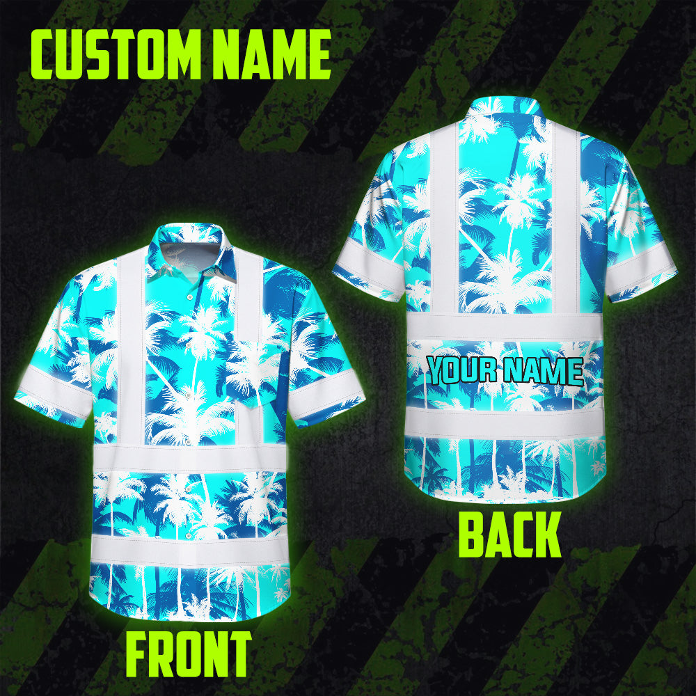 Hi Vis Hawaiian Shirt Reflective Tapes Blue Neon Flowers Custom Name Safety Workwear For Workers, Truckers, Operators
