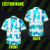 Hi Vis Hawaiian Shirt Reflective Tapes Blue Neon Flowers Custom Name Safety Workwear For Workers, Truckers, Operators