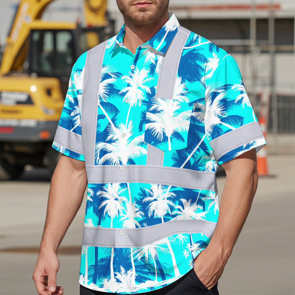 Hi Vis Hawaiian Shirt Reflective Tapes Blue Neon Flowers Custom Name Safety Workwear For Workers, Truckers, Operators
