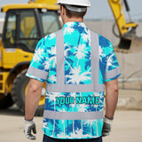 Hi Vis Hawaiian Shirt Reflective Tapes Blue Neon Flowers Custom Name Safety Workwear For Workers, Truckers, Operators
