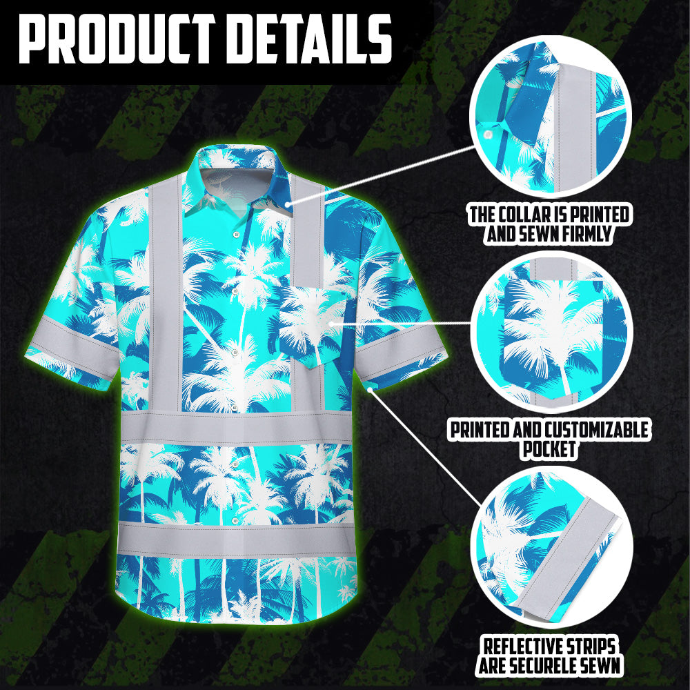 Hi Vis Hawaiian Shirt Reflective Tapes Blue Neon Flowers Custom Name Safety Workwear For Workers, Truckers, Operators