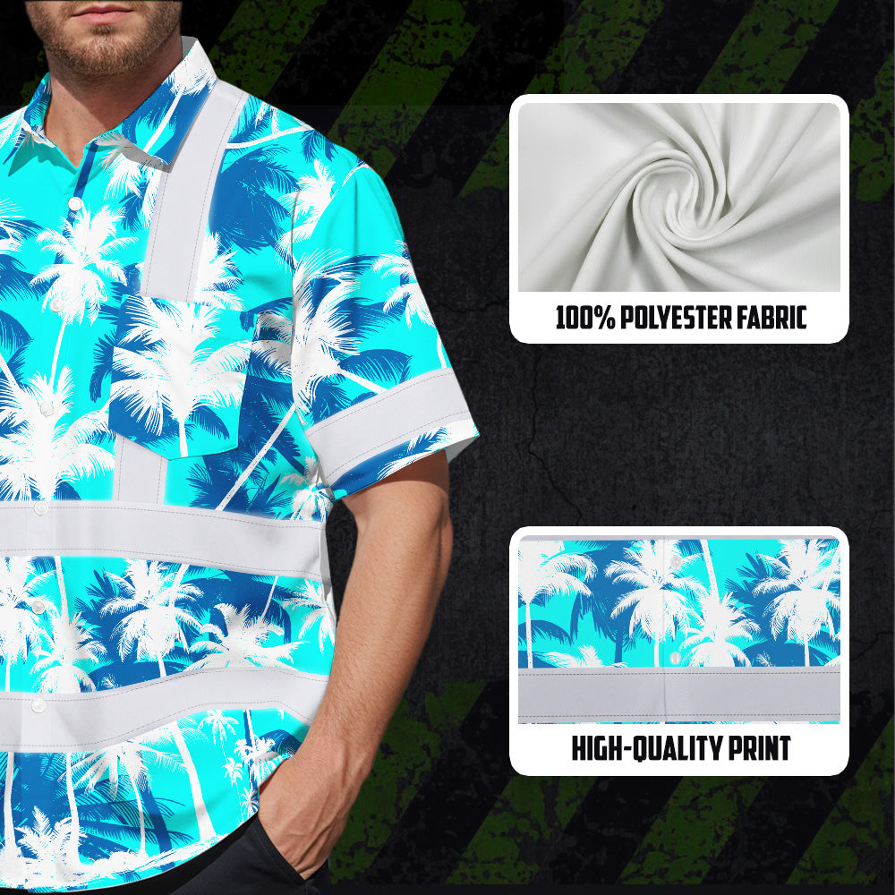 Hi Vis Hawaiian Shirt Reflective Tapes Blue Neon Flowers Custom Name Safety Workwear For Workers, Truckers, Operators