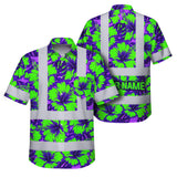 Hi Vis Hawaiian Shirt Reflective Tapes Green Neon And Violet Flowers Custom Name Safety Workwear For Workers, Truckers, Operators