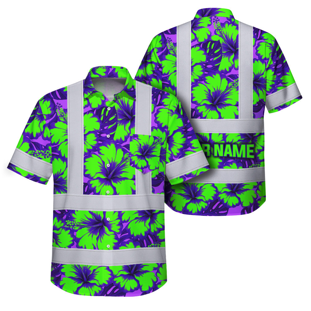 Hi Vis Hawaiian Shirt Reflective Tapes Green Neon And Violet Flowers Custom Name Safety Workwear For Workers, Truckers, Operators