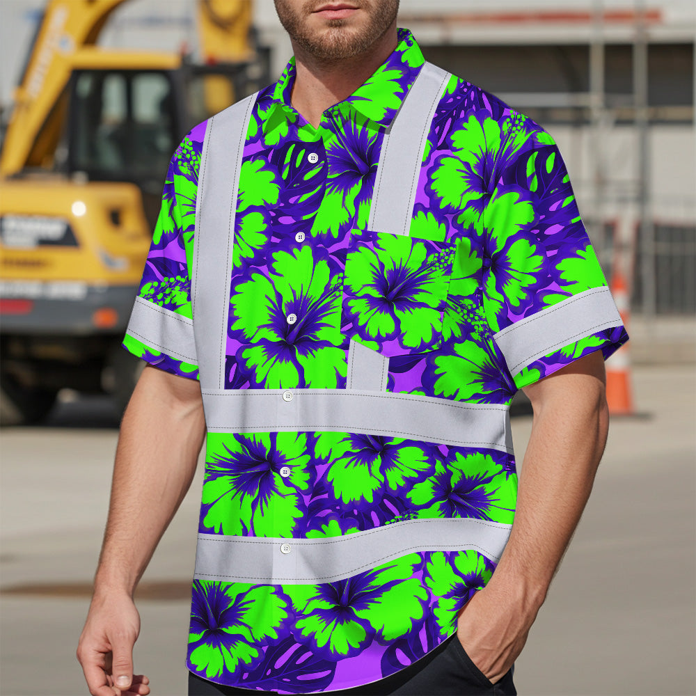 Hi Vis Hawaiian Shirt Reflective Tapes Green Neon And Violet Flowers Custom Name Safety Workwear For Workers, Truckers, Operators