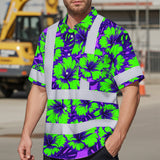 Hi Vis Hawaiian Shirt Reflective Tapes Green Neon And Violet Flowers Custom Name Safety Workwear For Workers, Truckers, Operators