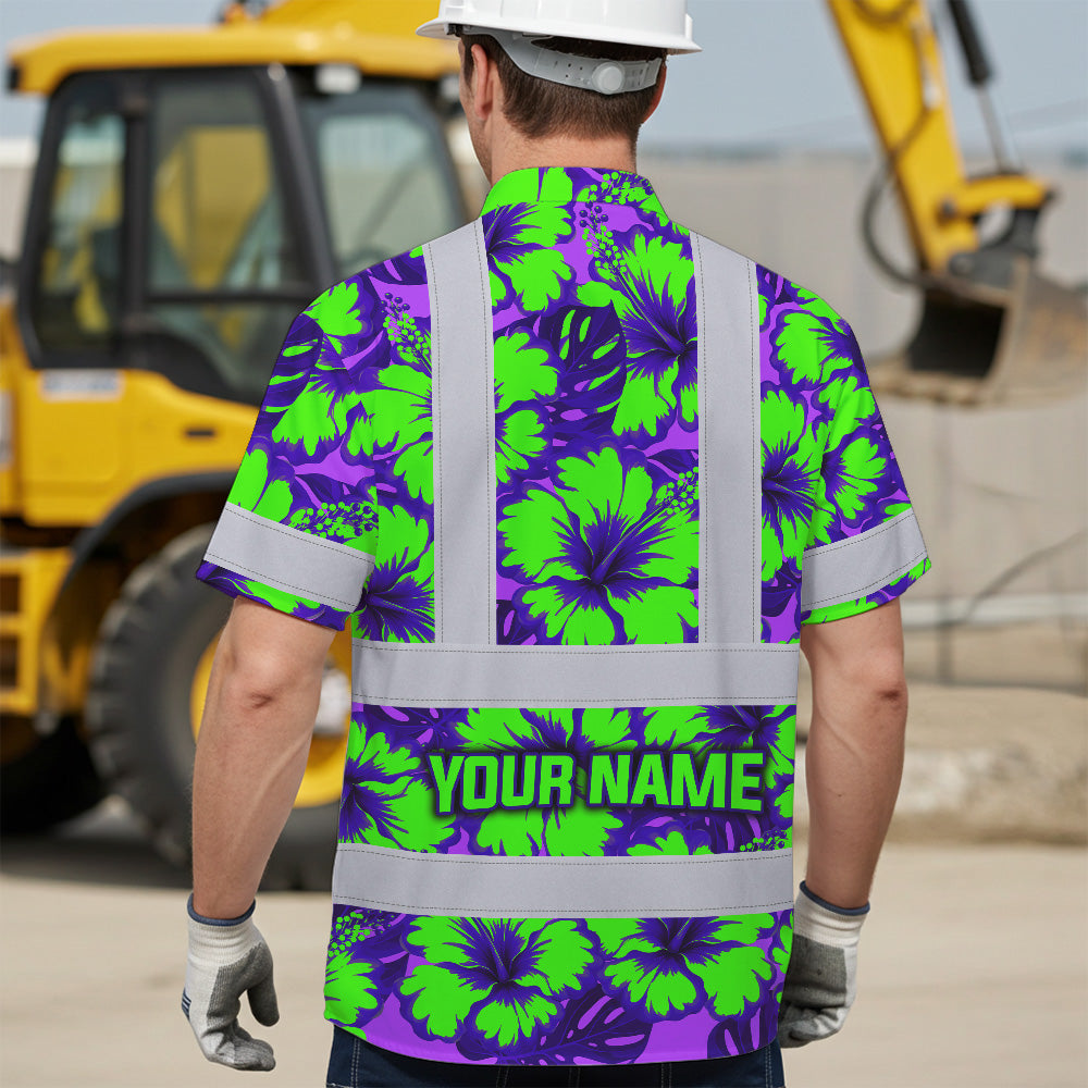 Hi Vis Hawaiian Shirt Reflective Tapes Green Neon And Violet Flowers Custom Name Safety Workwear For Workers, Truckers, Operators