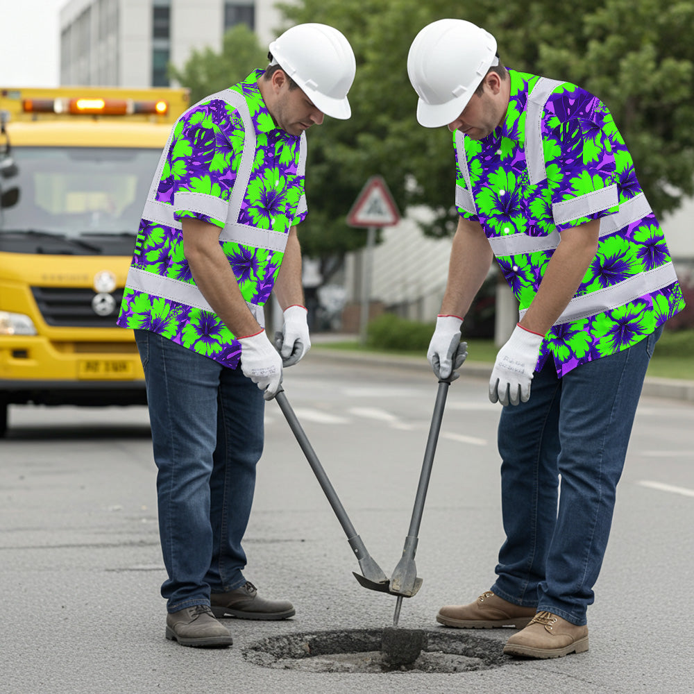 Hi Vis Hawaiian Shirt Reflective Tapes Green Neon And Violet Flowers Custom Name Safety Workwear For Workers, Truckers, Operators