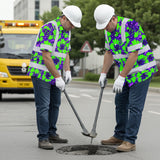 Hi Vis Hawaiian Shirt Reflective Tapes Green Neon And Violet Flowers Custom Name Safety Workwear For Workers, Truckers, Operators