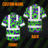 Hi Vis Hawaiian Shirt Reflective Tapes Green Neon And Violet Flowers Custom Name Safety Workwear For Workers, Truckers, Operators