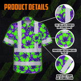 Hi Vis Hawaiian Shirt Reflective Tapes Green Neon And Violet Flowers Custom Name Safety Workwear For Workers, Truckers, Operators