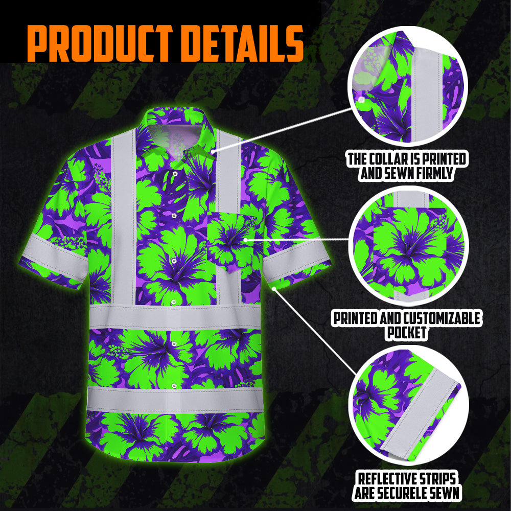 Hi Vis Hawaiian Shirt Reflective Tapes Green Neon And Violet Flowers Custom Name Safety Workwear For Workers, Truckers, Operators