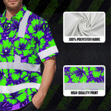 Hi Vis Hawaiian Shirt Reflective Tapes Green Neon And Violet Flowers Custom Name Safety Workwear For Workers, Truckers, Operators