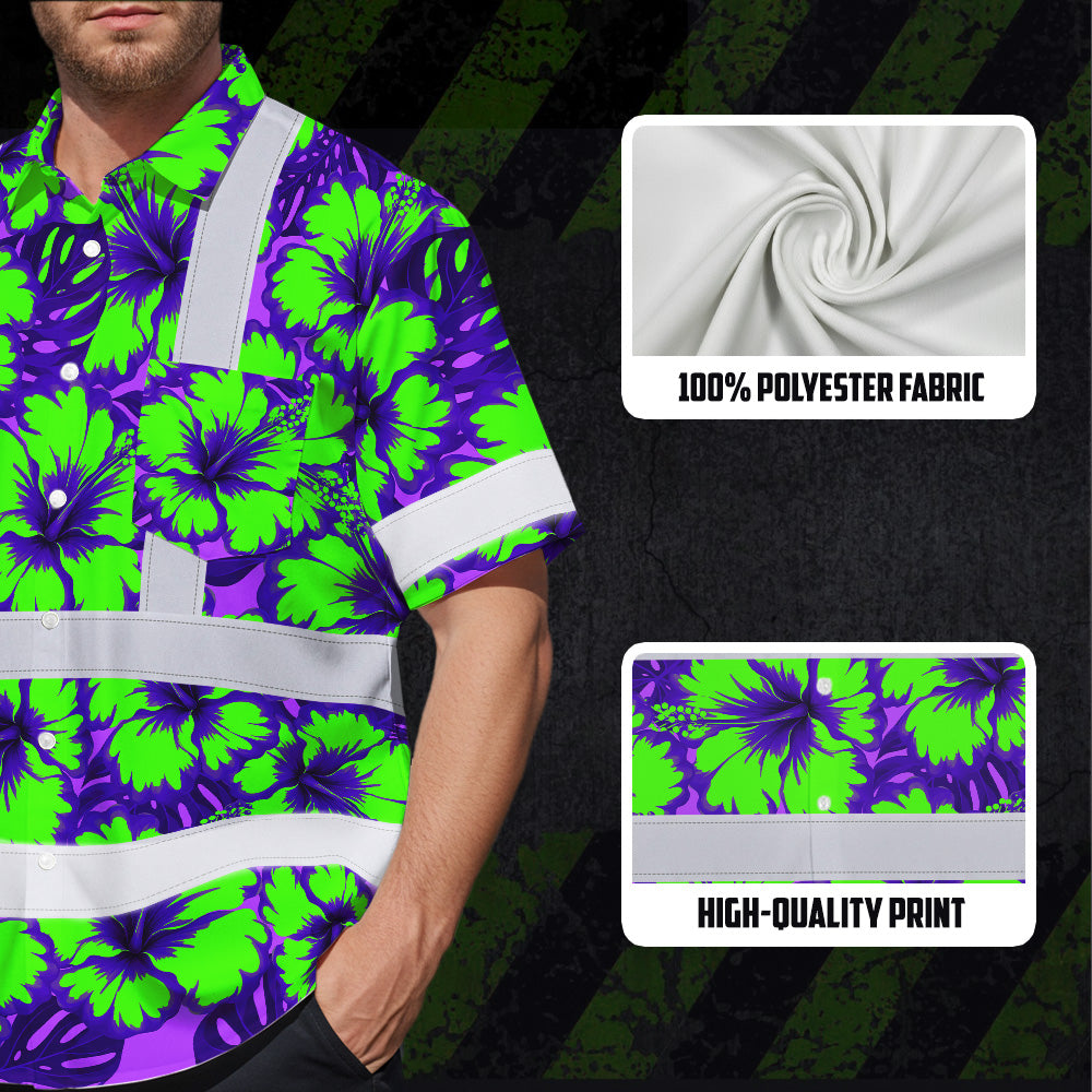 Hi Vis Hawaiian Shirt Reflective Tapes Green Neon And Violet Flowers Custom Name Safety Workwear For Workers, Truckers, Operators
