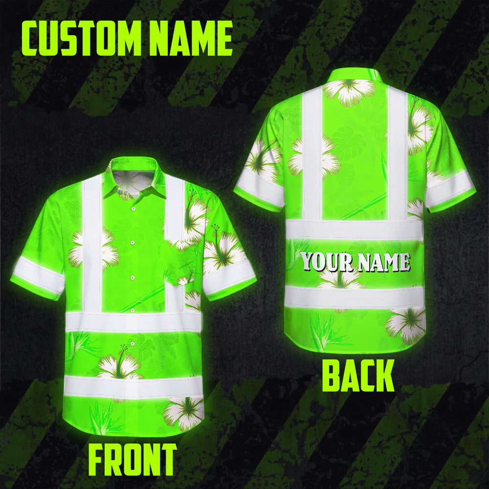 Hi Vis Hawaiian Shirt Reflective Tapes Green Neon Custom Name Safety Workwear For Workers, Truckers, Operators